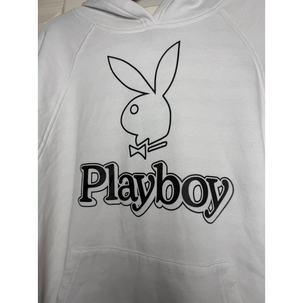 Playboy by PacSun White Graphic Hoodie Bunny Logo Sweatshirt Womens Medium - Picture 3 of 8